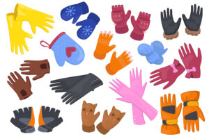 色とりどりの様々な種類の手袋のイラストが描かれている